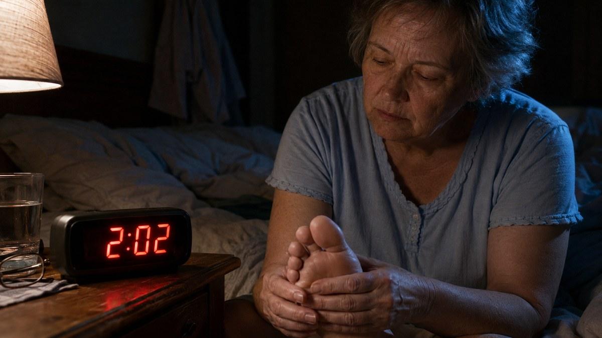 A woman awake at 2 a.m. in a dark bedroom rubbing her foot