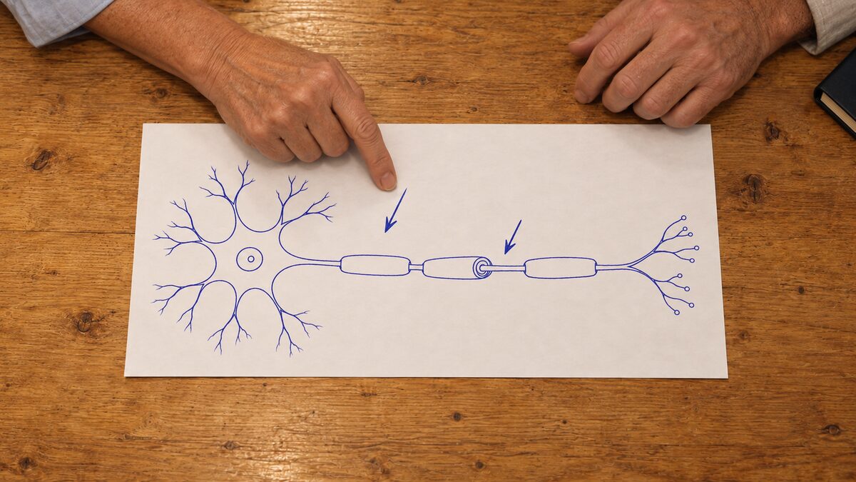 A hand points to a blue-ink drawing of a nerve on a sheet of paper